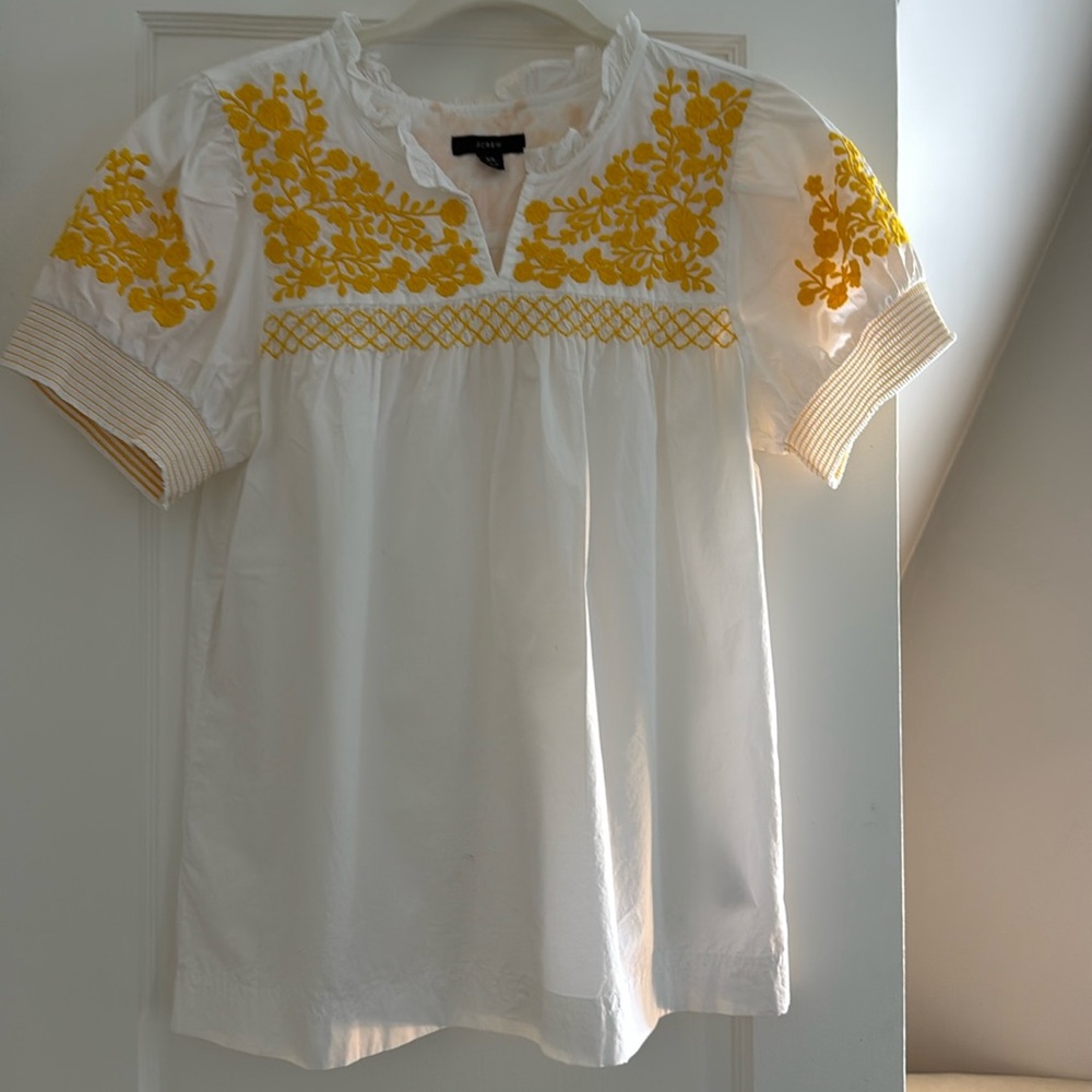 J. Crew White Short Sleeve Peasant Top with Yellow Floral Embroidery